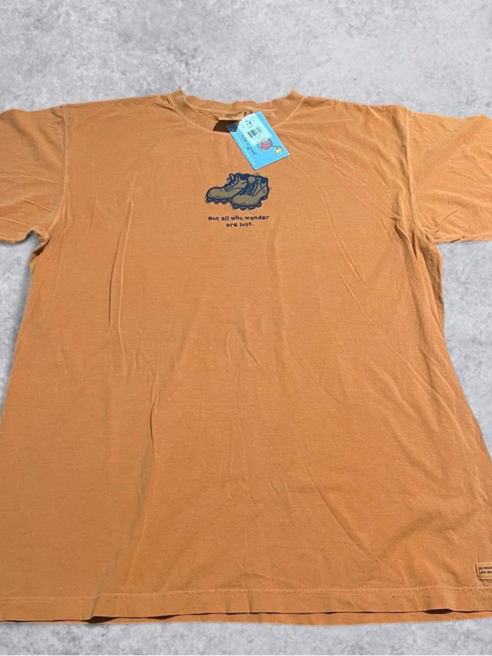Life Is Good Men's Orange Graphic Tee with Hiking Boot Print